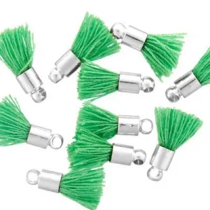 10mm Green Fabric Tassel with Silver Cap (10 Pieces)