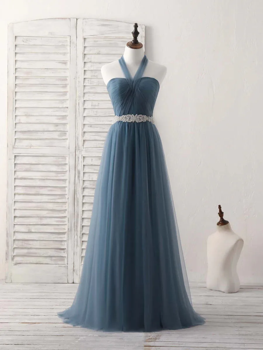 A-Line Gray Blue Tulle Long Bridesmaid Dress Floor-length Beading Prom Dress