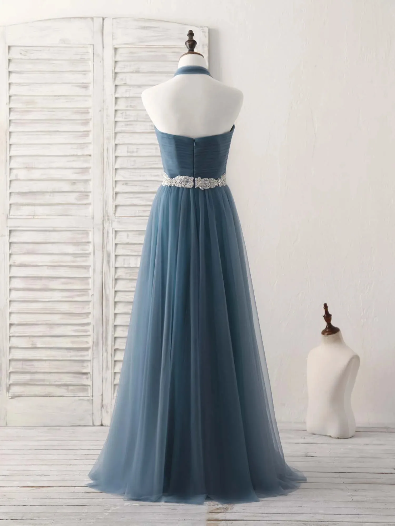A-Line Gray Blue Tulle Long Bridesmaid Dress Floor-length Beading Prom Dress