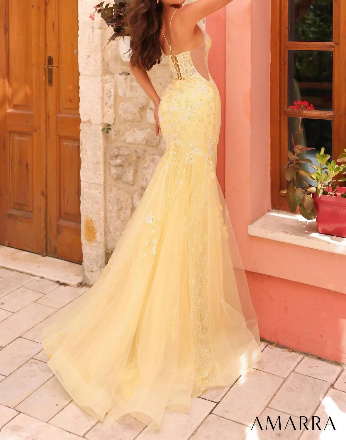 Amarra - Sheer Corset Tie Back Mermaid Side Slit Gown