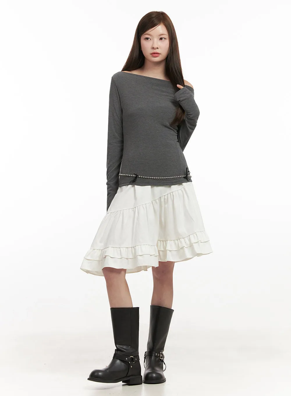 Asymmetric Tiered Midi Skirt IJ527