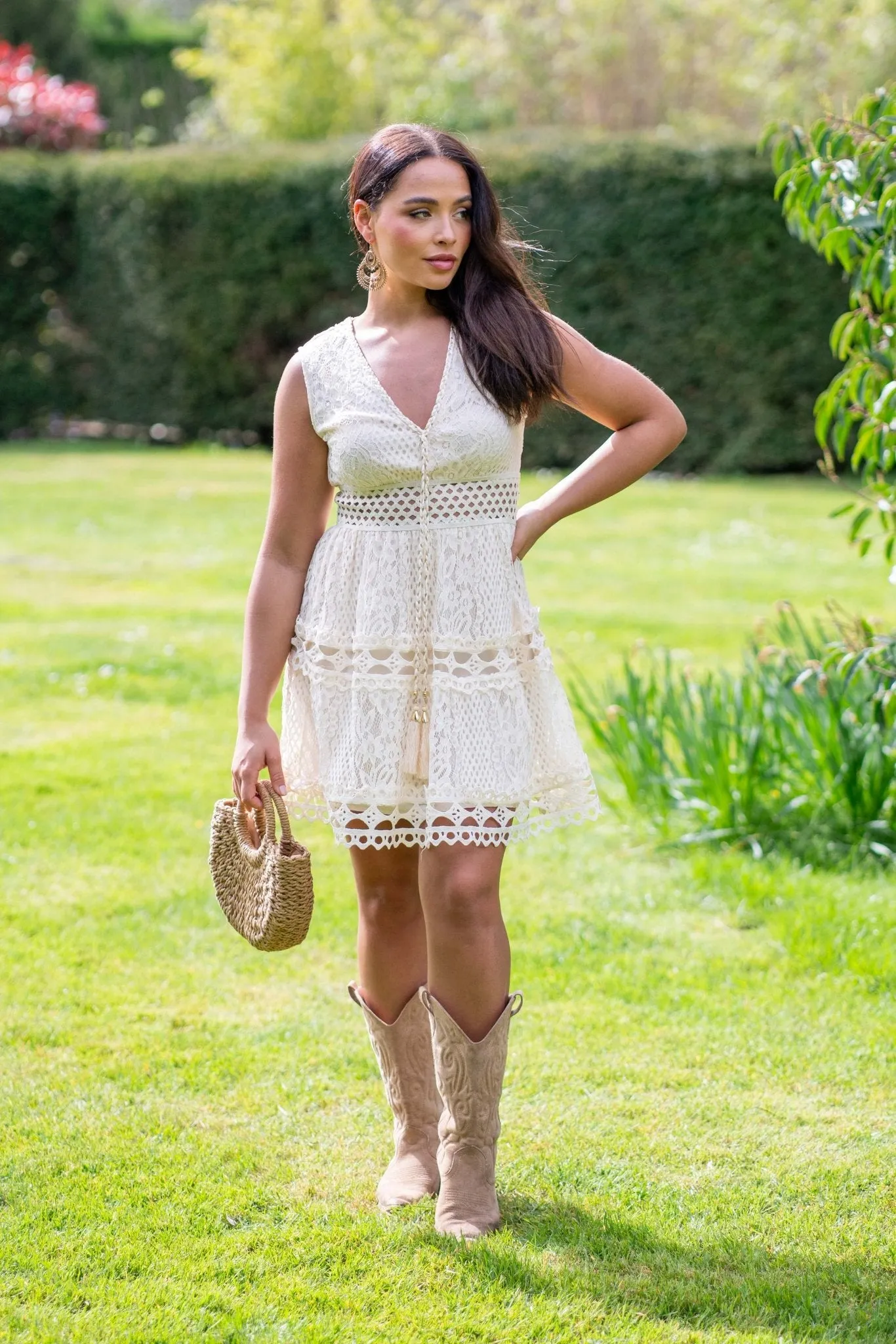 Beige Boho Sleeveless Lace Effect Dress