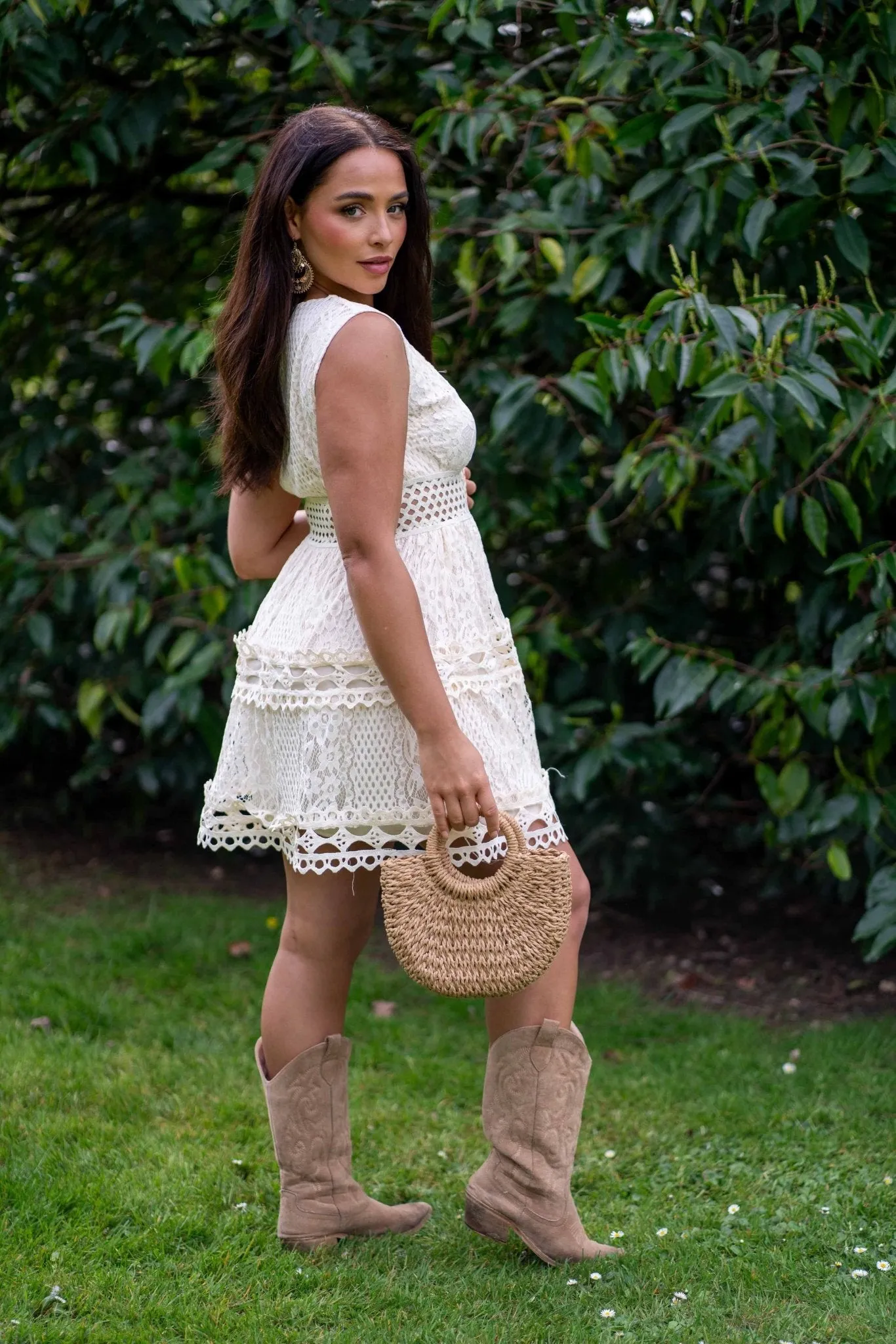 Beige Boho Sleeveless Lace Effect Dress