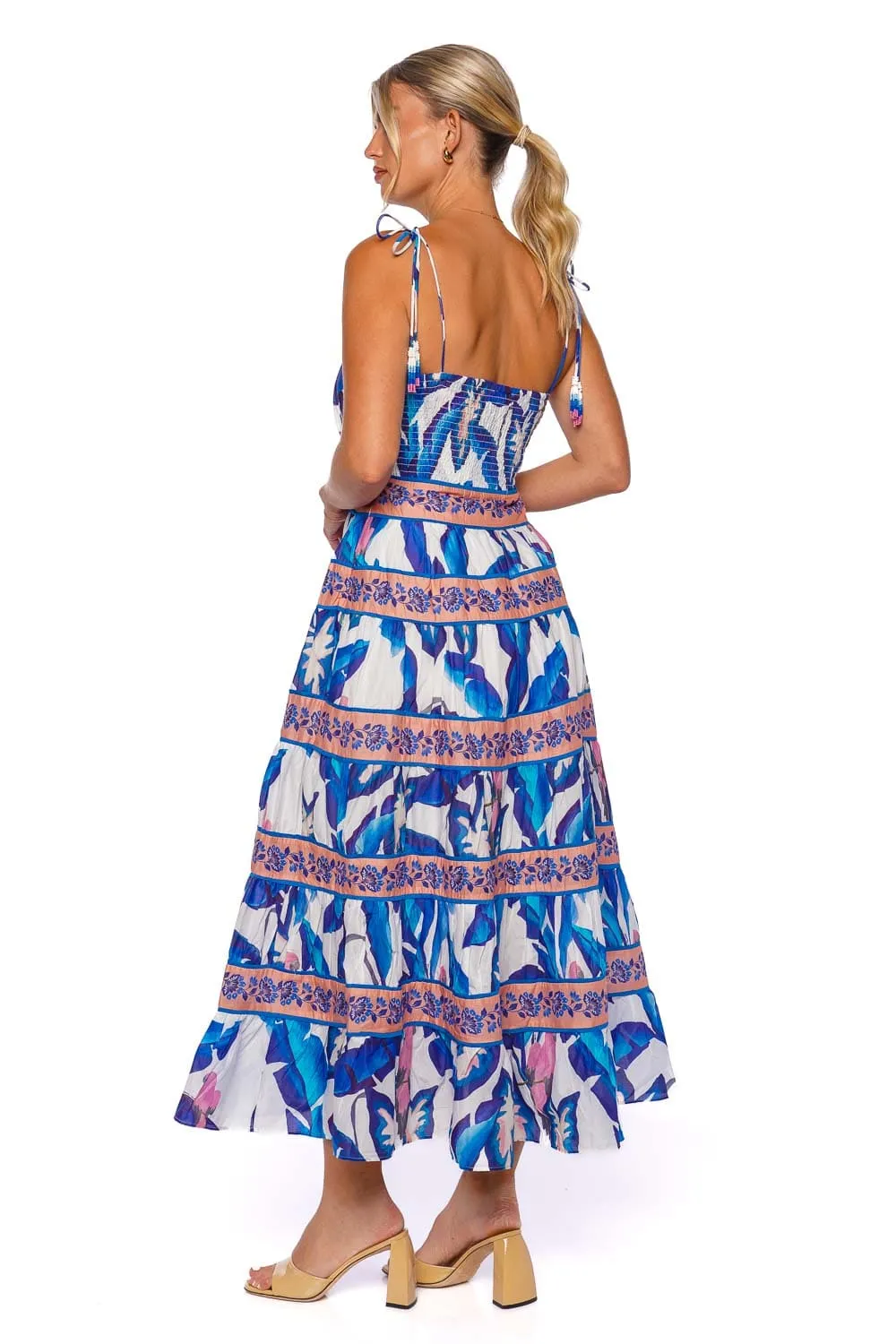 Blue Foliage Tie Shoulder Midi Dress