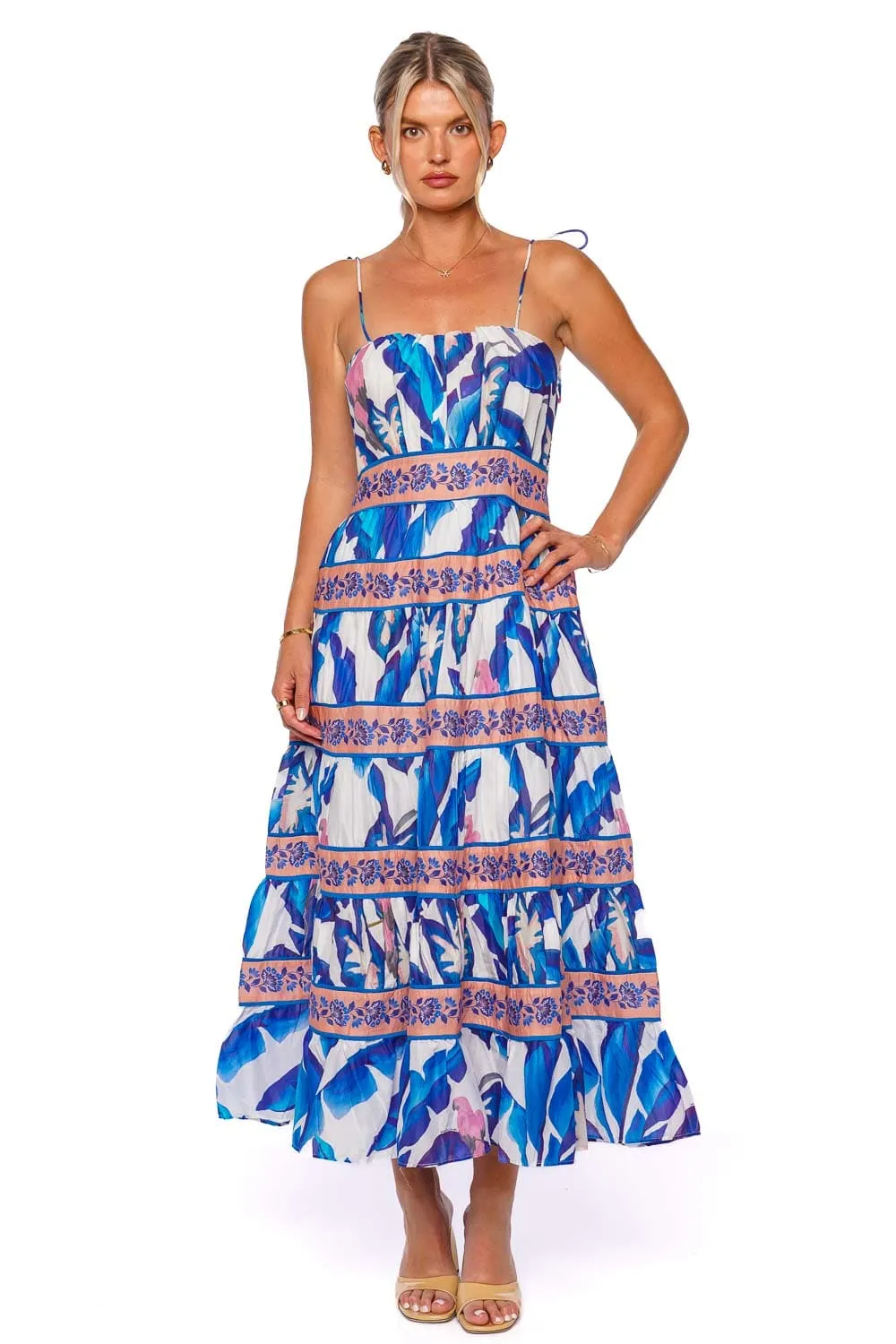 Blue Foliage Tie Shoulder Midi Dress