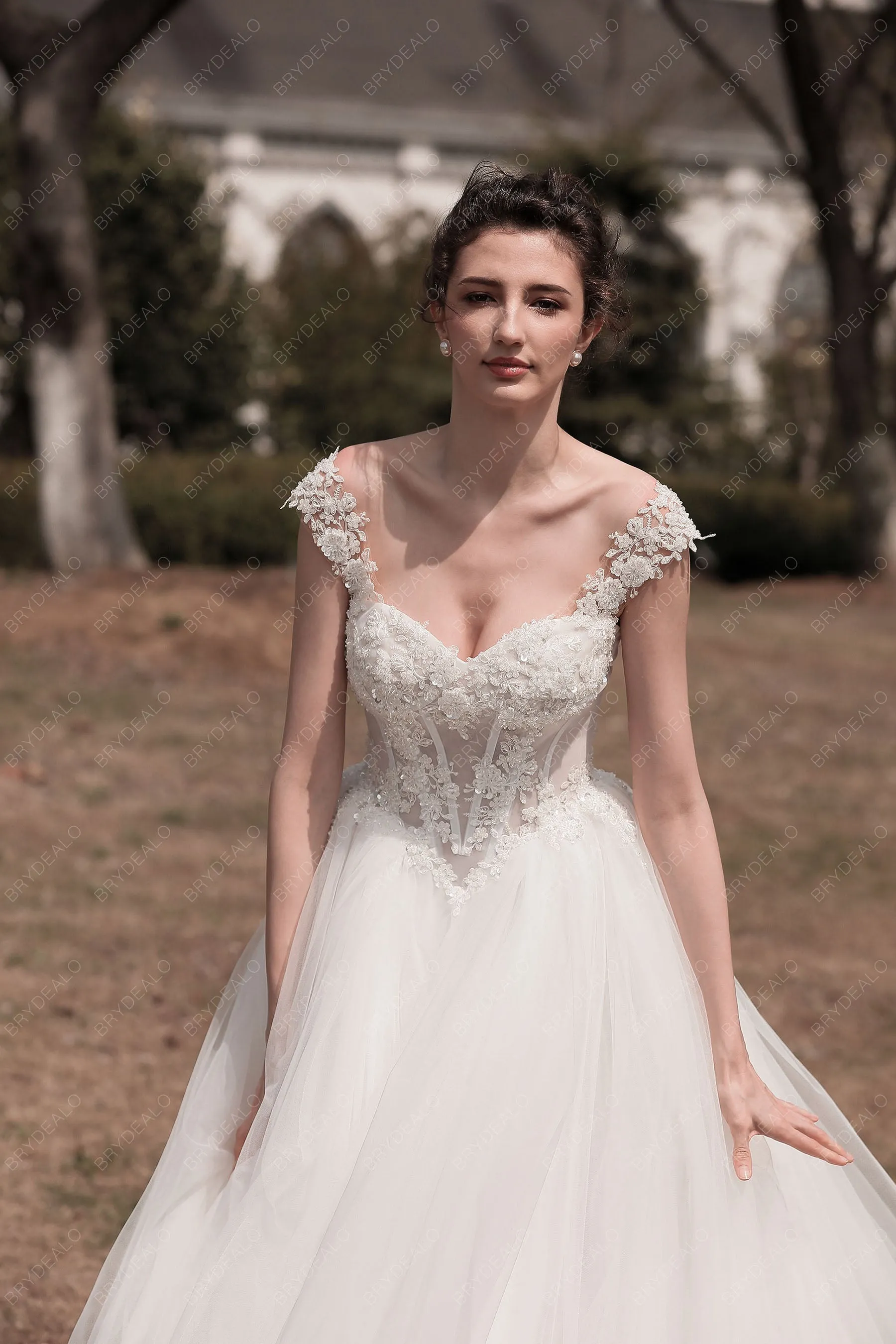 Cap Sleeve Corset Beaded Lace Wedding Ballgown