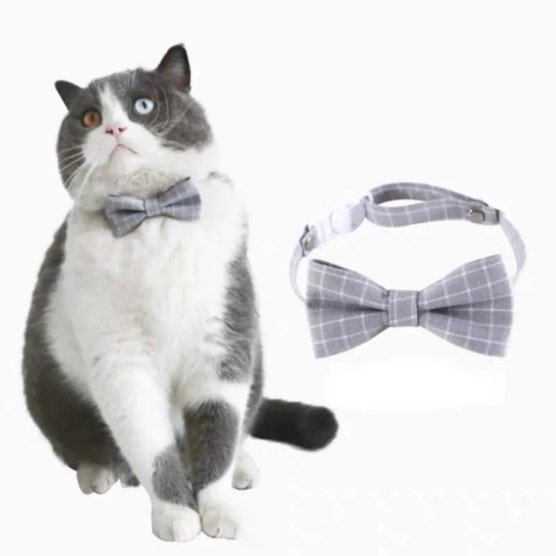 Cat Formal Bow Tie - Light Grey Plaid