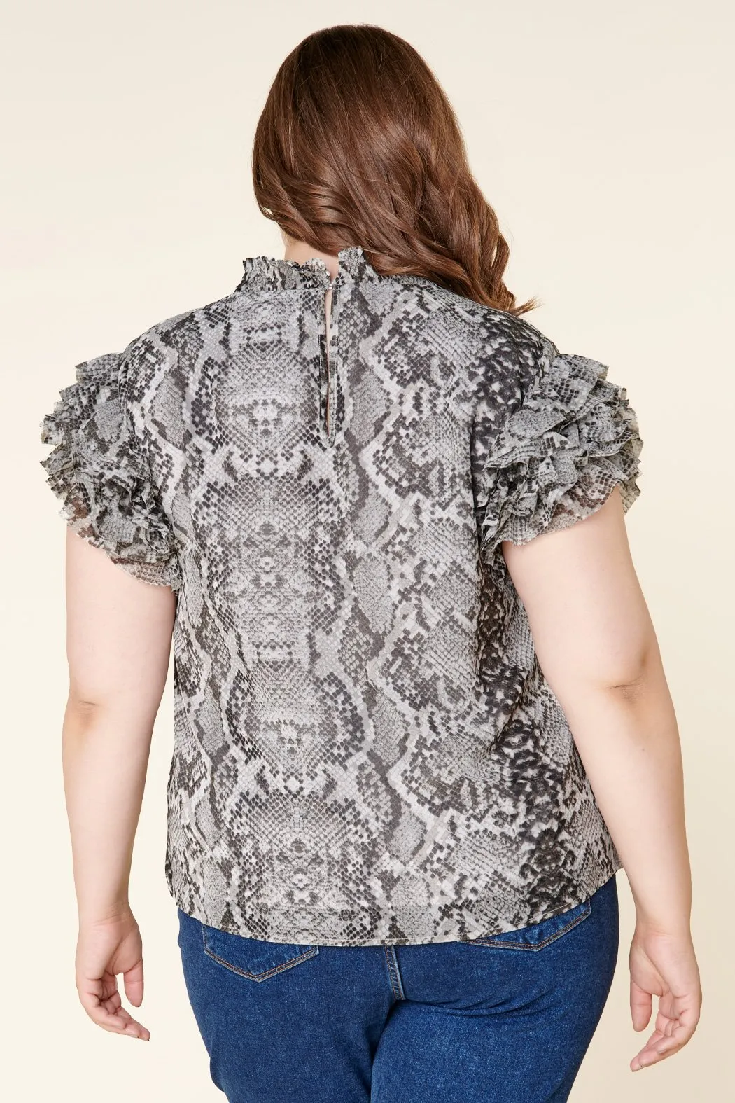 Celeste Snake Skin Brenna Mock Neck Ruffle Blouse Curve