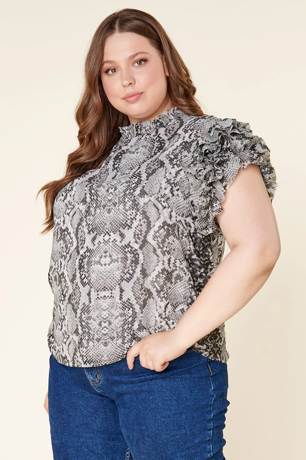 Celeste Snake Skin Brenna Mock Neck Ruffle Blouse Curve