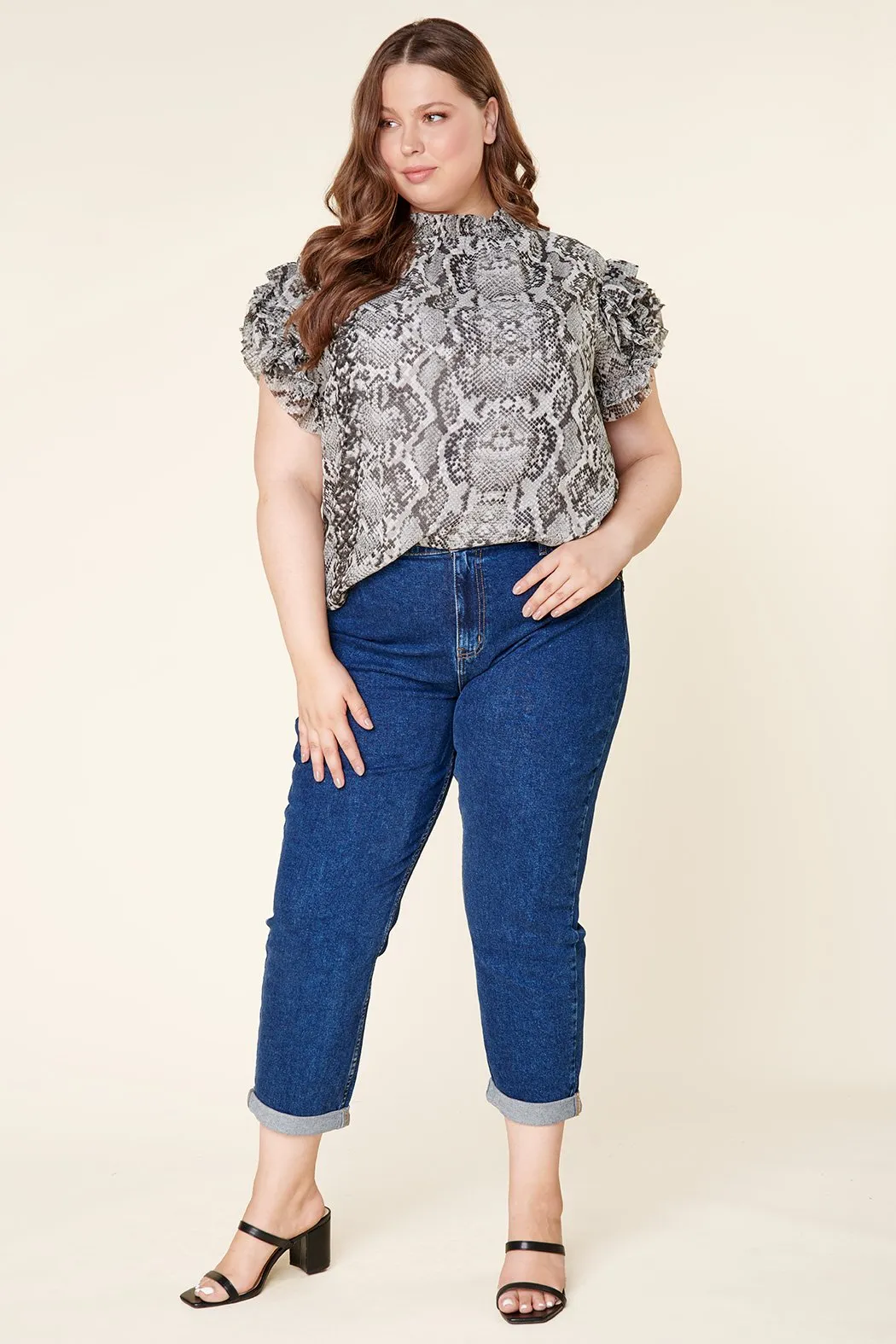 Celeste Snake Skin Brenna Mock Neck Ruffle Blouse Curve