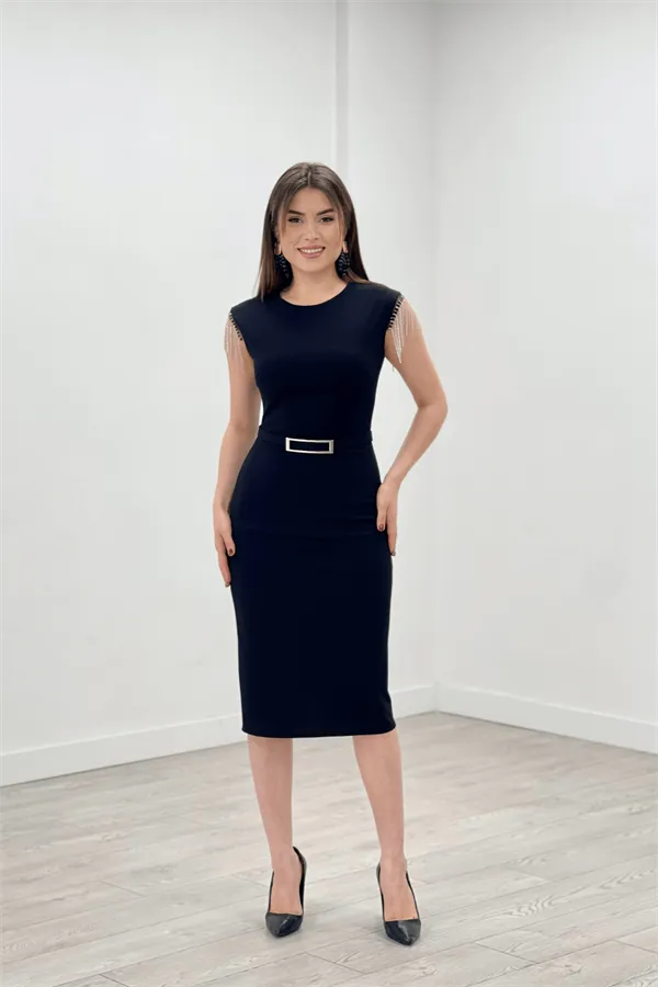 Crepe Fabric Shoulder Tassel Pen Evening Dress Dress - Black