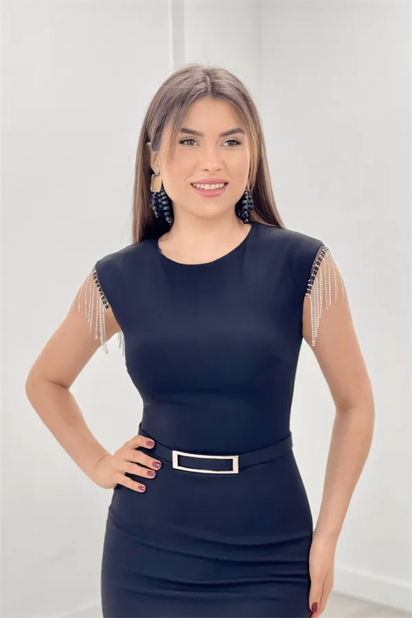 Crepe Fabric Shoulder Tassel Pen Evening Dress Dress - Black
