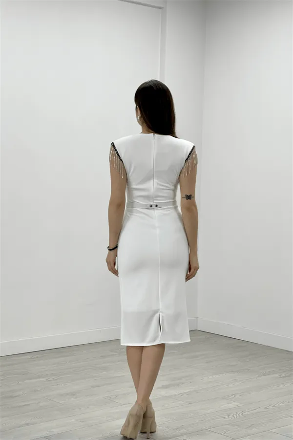 Crepe Fabric Shoulder Tassel Pen Evening Dress Dress - White