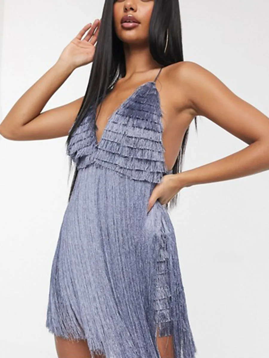 Fashionable V-neck Sleeveless Fringed Evening Dress