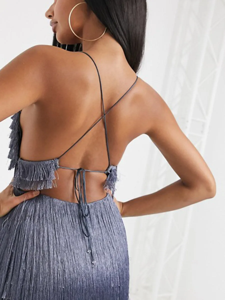 Fashionable V-neck Sleeveless Fringed Evening Dress