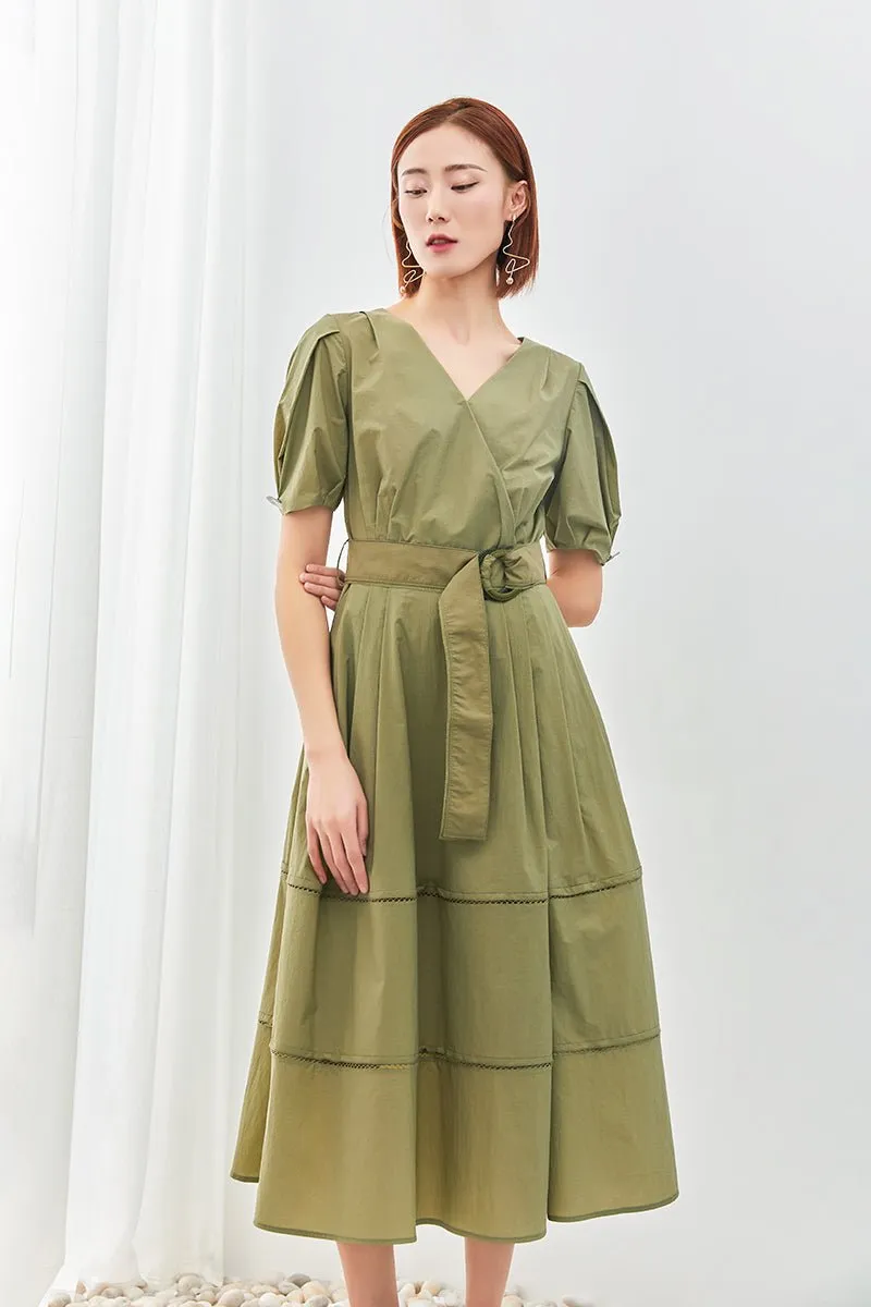 Green V Neck Maxi Dress With Belt