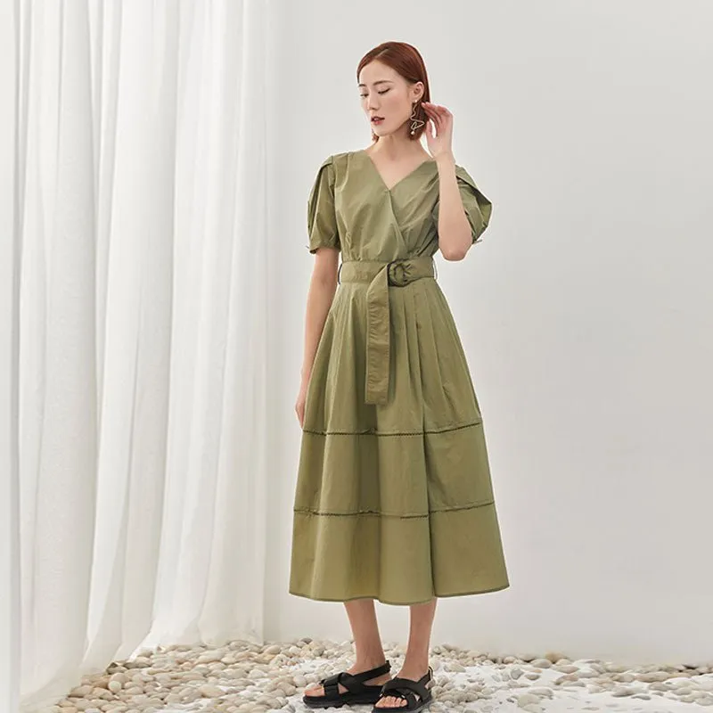 Green V Neck Maxi Dress With Belt