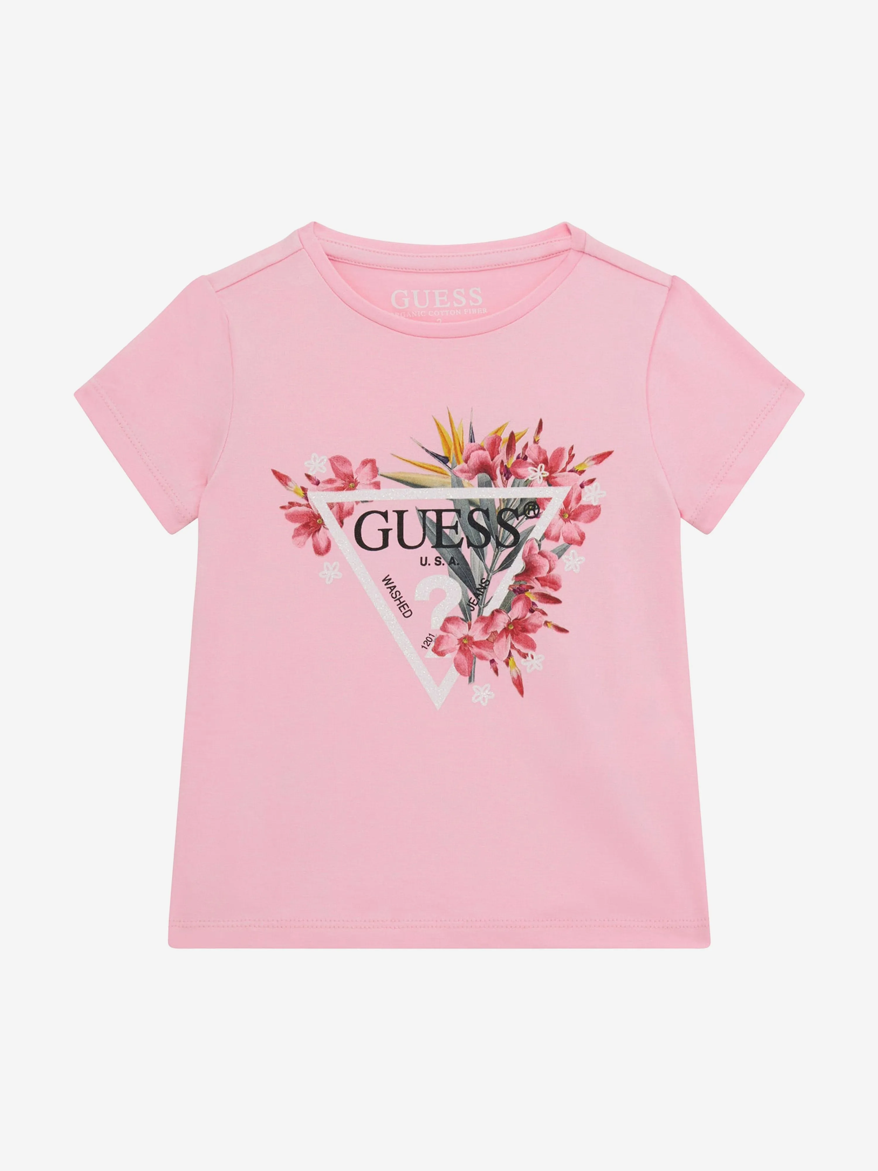 Guess Girls Floral Logo T-Shirt in Pink