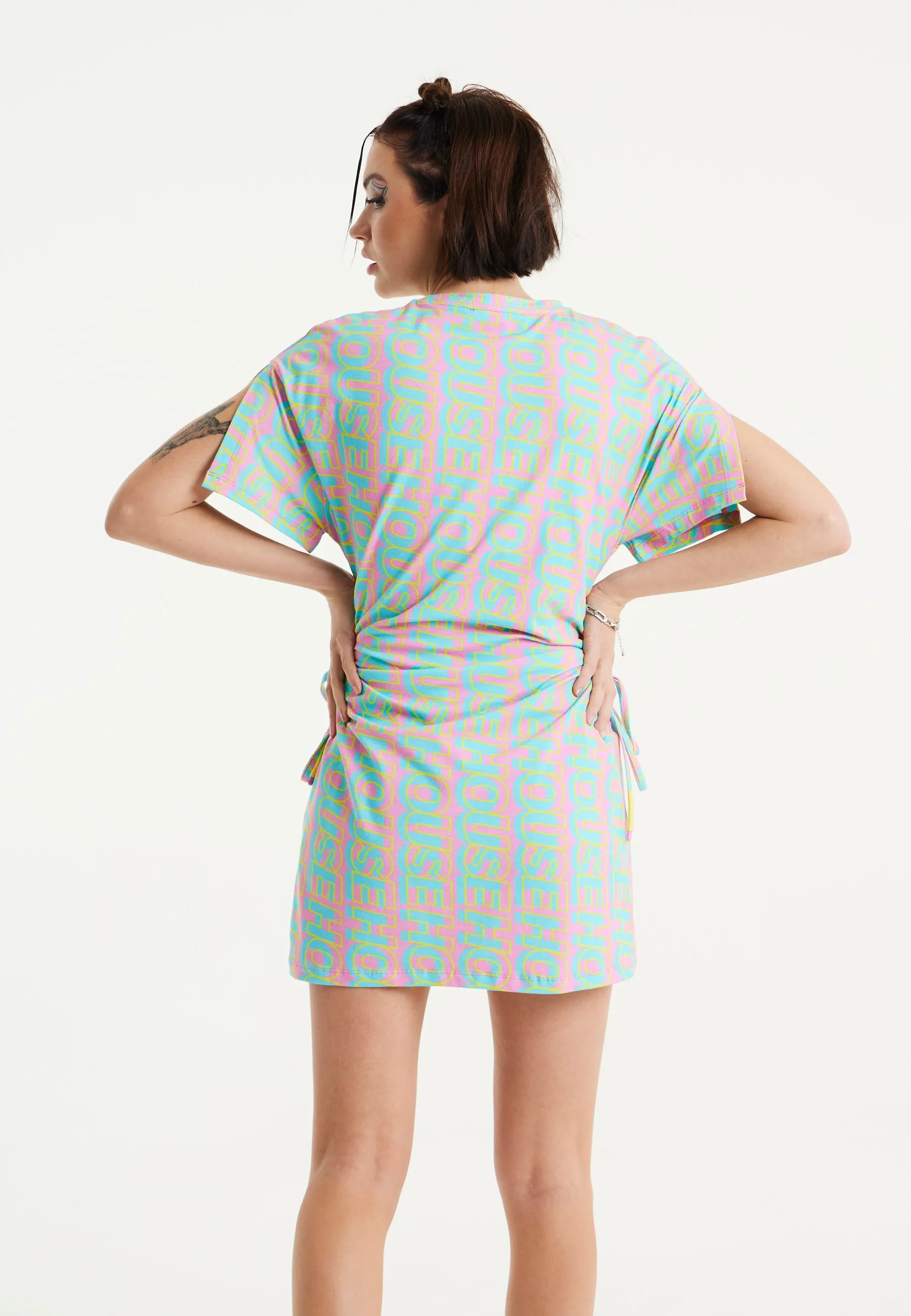 House Of Holland Logo Printed Mini Jersey Dress with Cut Out Details and Short Sleeves