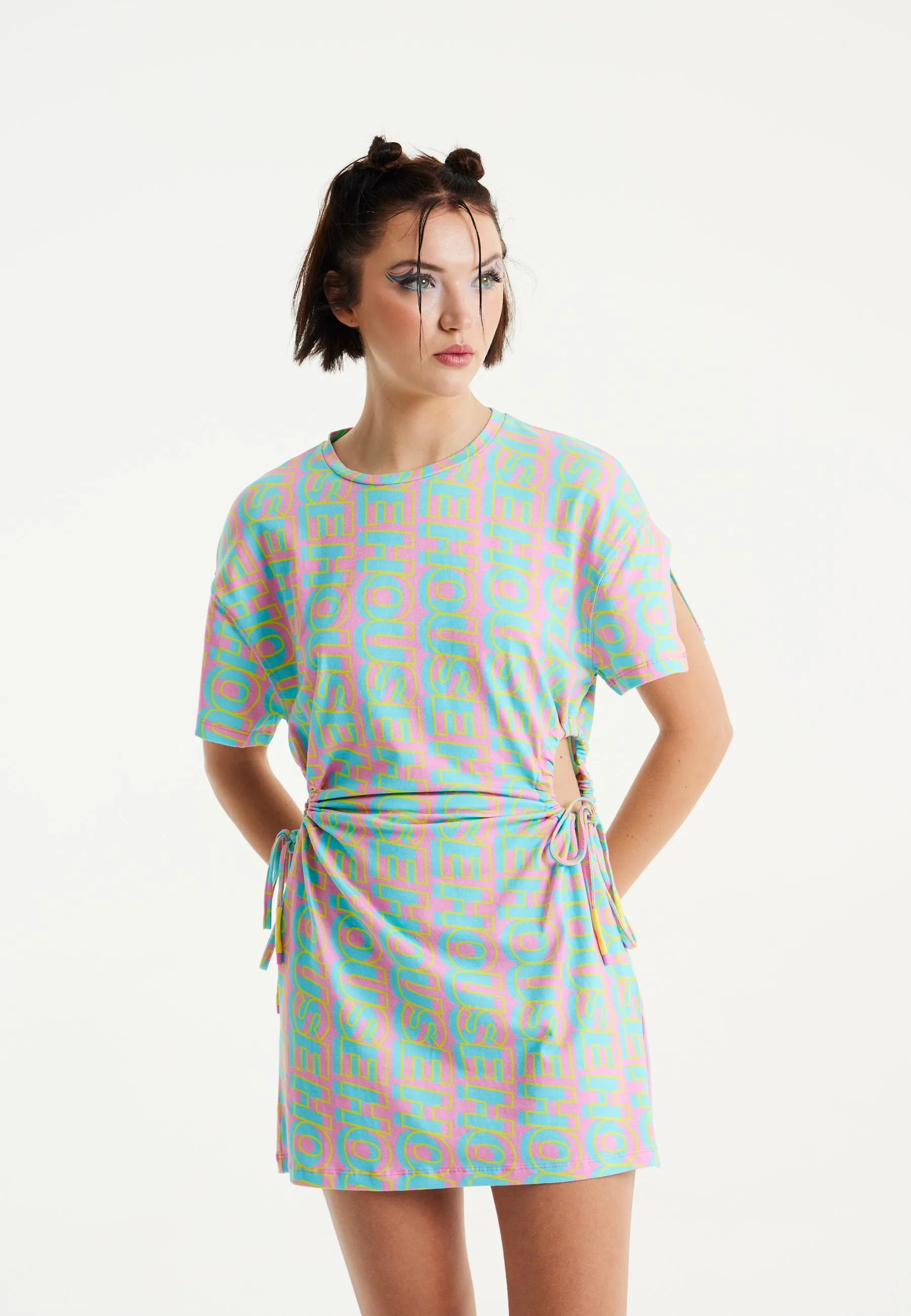 House Of Holland Logo Printed Mini Jersey Dress with Cut Out Details and Short Sleeves