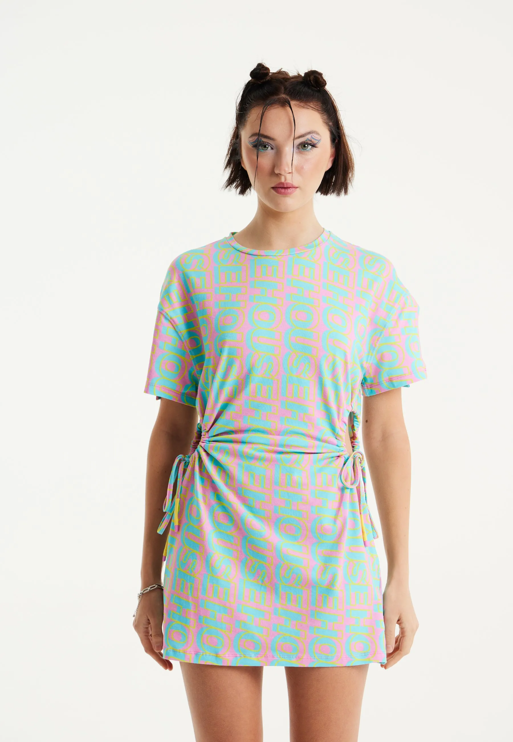 House Of Holland Logo Printed Mini Jersey Dress with Cut Out Details and Short Sleeves