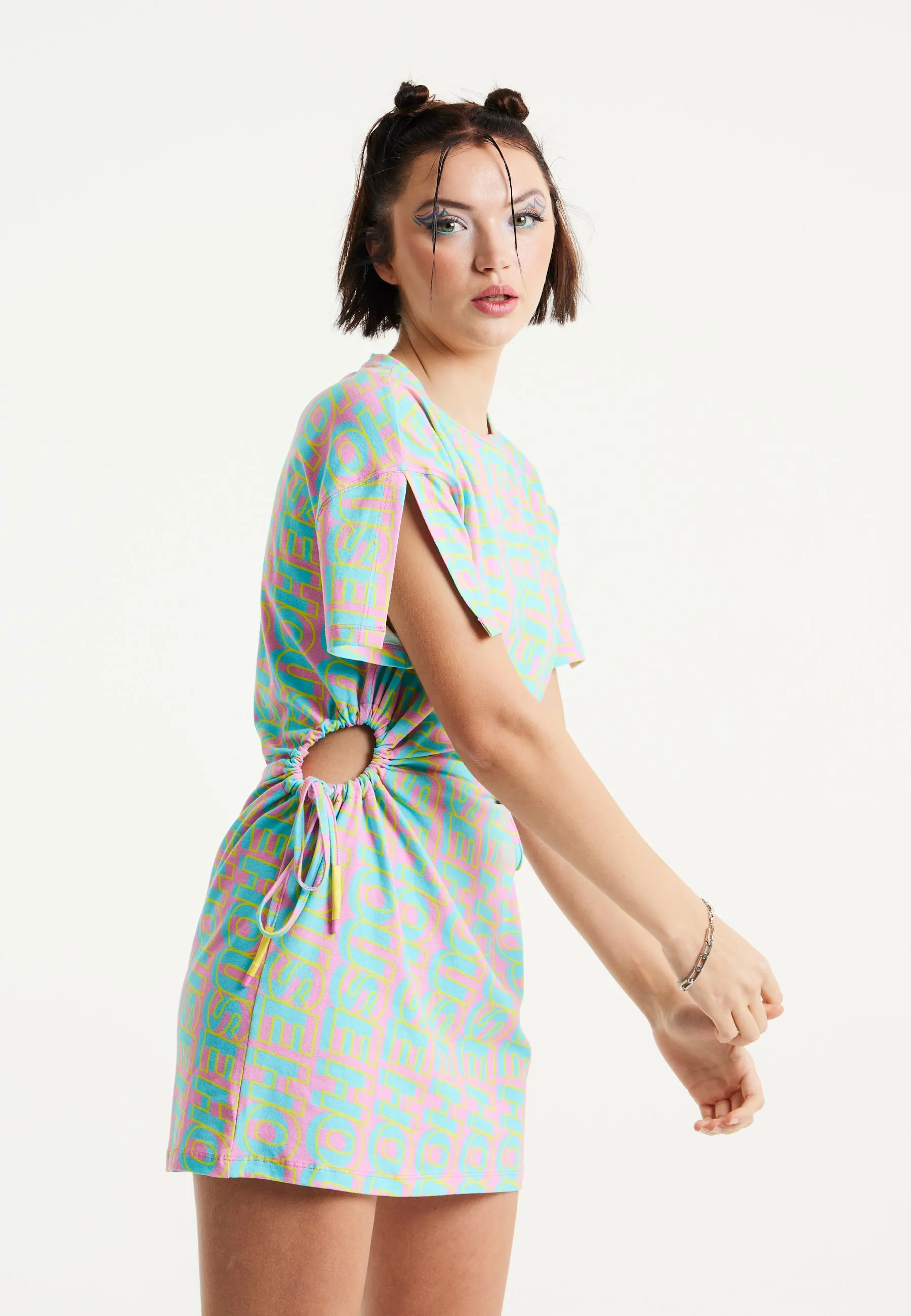 House Of Holland Logo Printed Mini Jersey Dress with Cut Out Details and Short Sleeves
