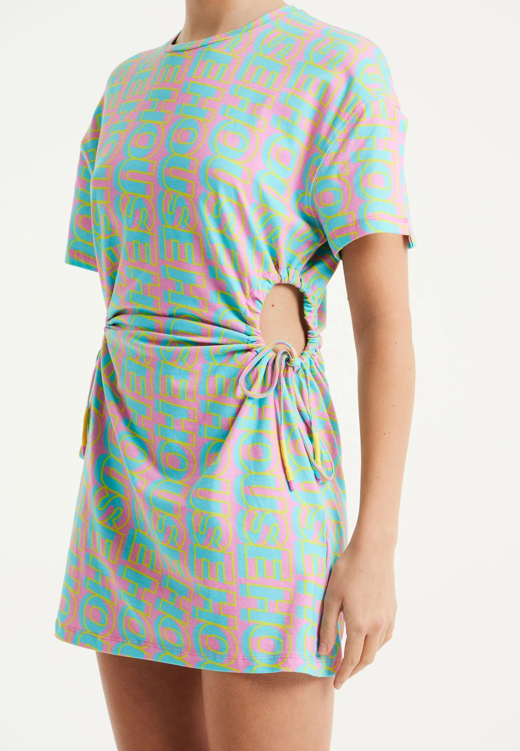 House Of Holland Logo Printed Mini Jersey Dress with Cut Out Details and Short Sleeves