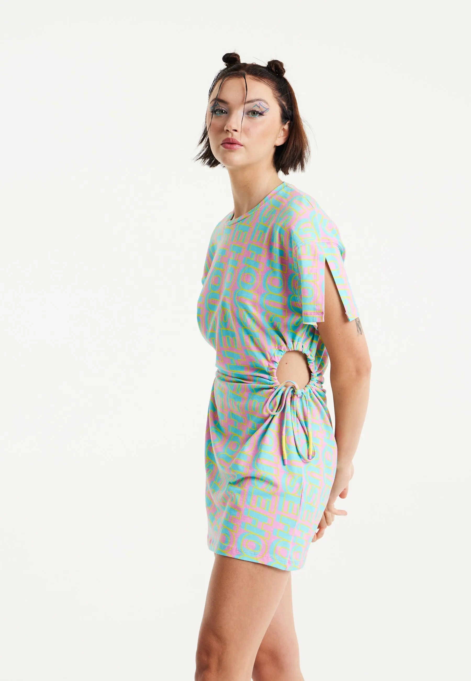 House Of Holland Logo Printed Mini Jersey Dress with Cut Out Details and Short Sleeves