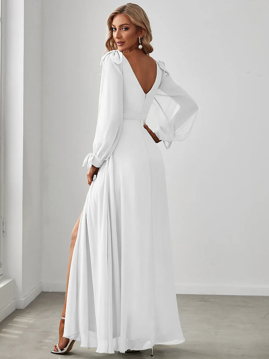 Long Lantern Sleeves A Line V Neck Wholesale Bridesmaid Dresses