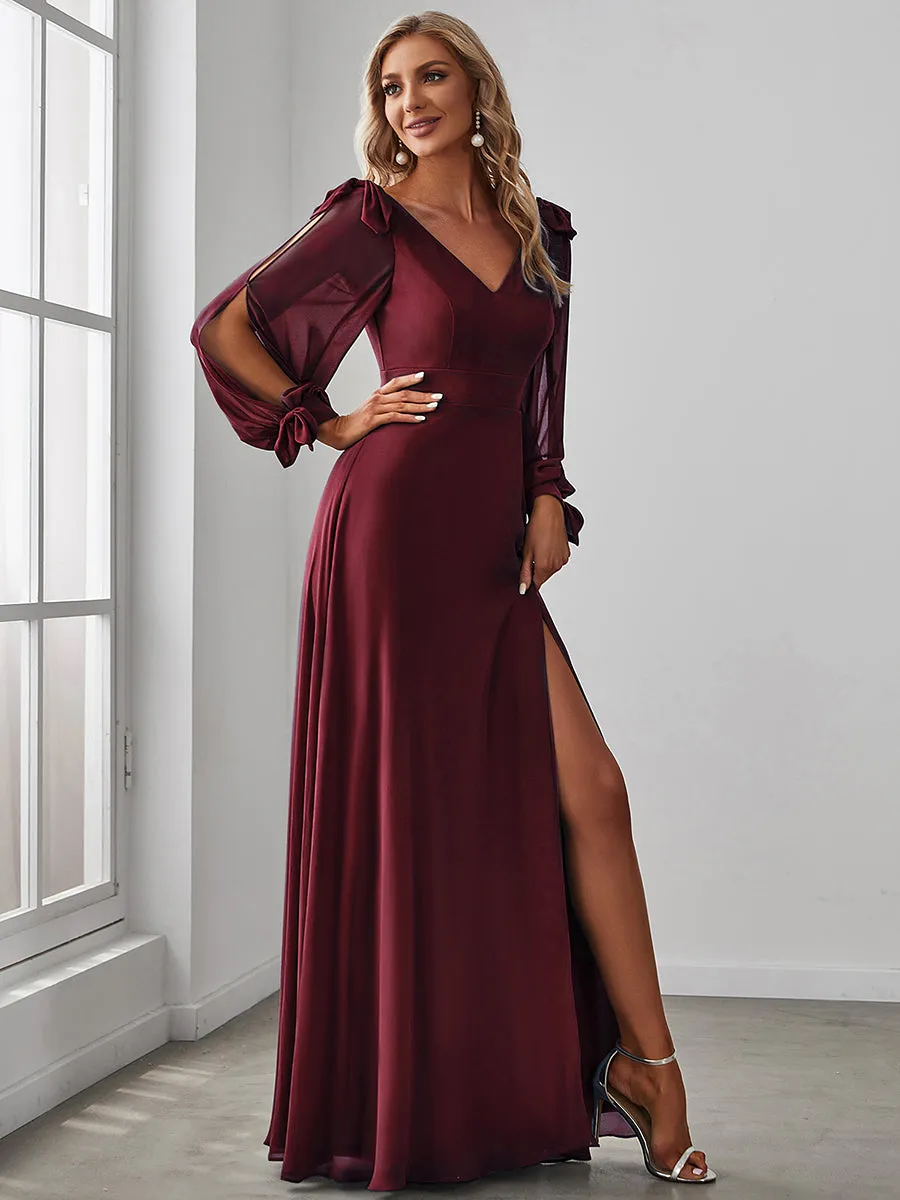 Long Lantern Sleeves A Line V Neck Wholesale Bridesmaid Dresses