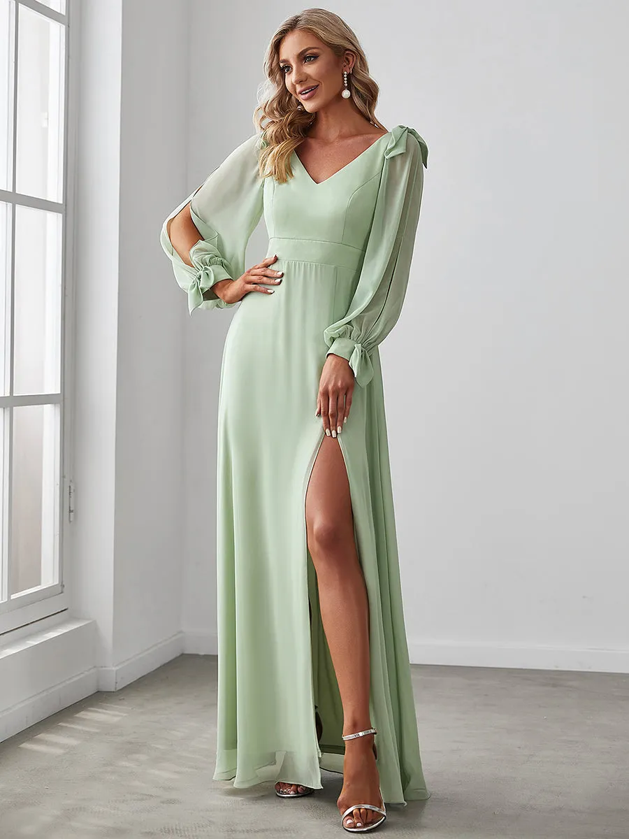 Long Lantern Sleeves A Line V Neck Wholesale Bridesmaid Dresses