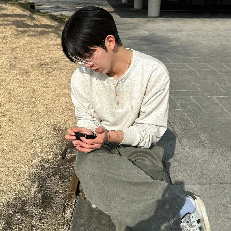 Niche Style Men's T-shirts Round Collar Button Loose Solid Color Pullover Male Casual Tops Simple Autumn 9C6618
