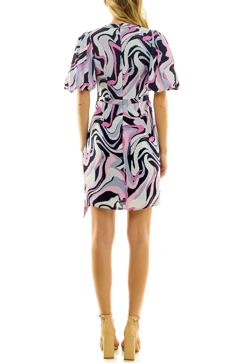 Nicole Miller V-Neck Pleat Puff Sleeve Zipper Back Multi Print Chiffon Dress