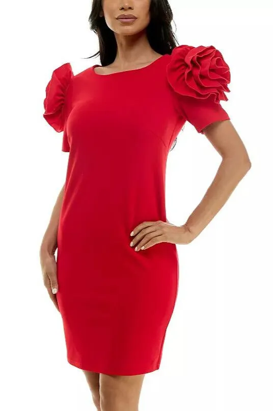 Nina Leonard Shoulder Flower Ruffle Mini Sheath Dress