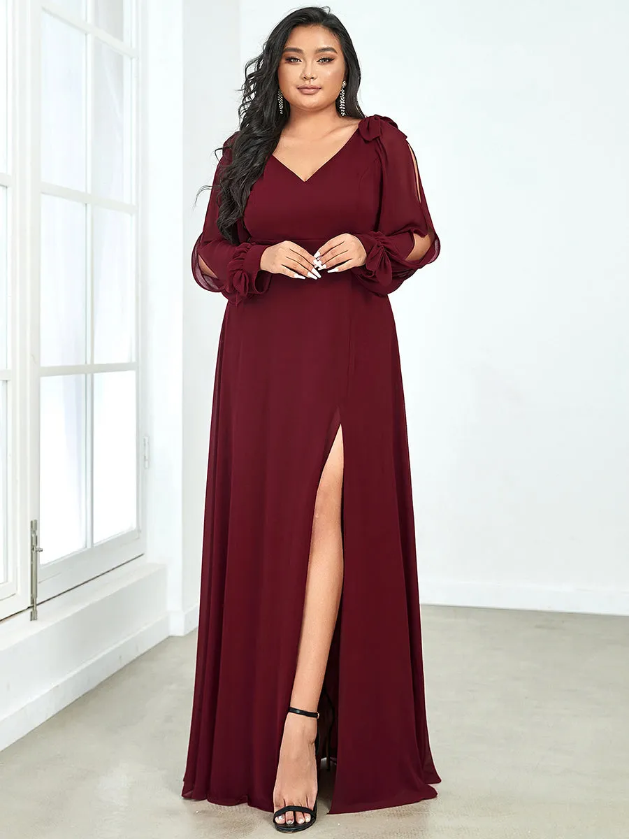 Plus Size Long Lantern Sleeves A Line V Neck Wholesale Bridesmaid Dresses