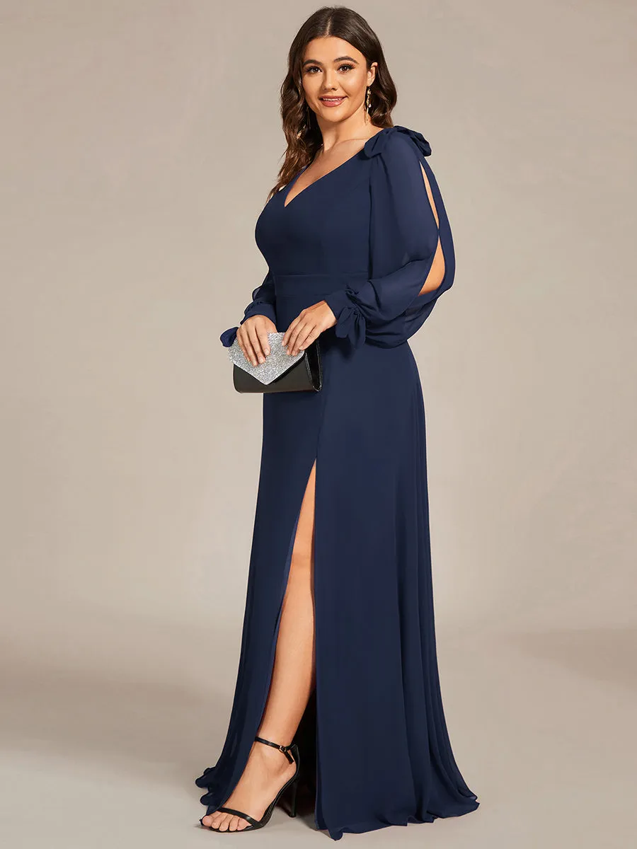 Plus Size Long Lantern Sleeves A Line V Neck Wholesale Bridesmaid Dresses