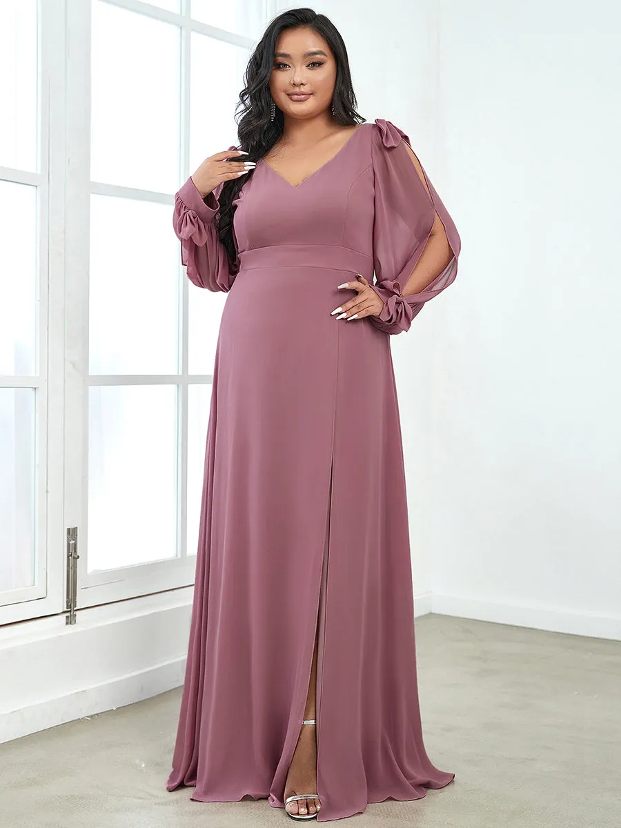 Plus Size Long Lantern Sleeves A Line V Neck Wholesale Bridesmaid Dresses