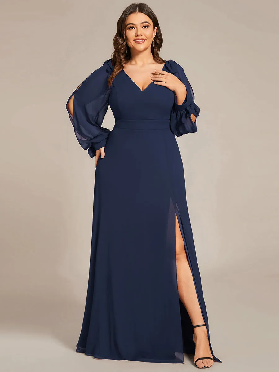 Plus Size Long Lantern Sleeves A Line V Neck Wholesale Bridesmaid Dresses