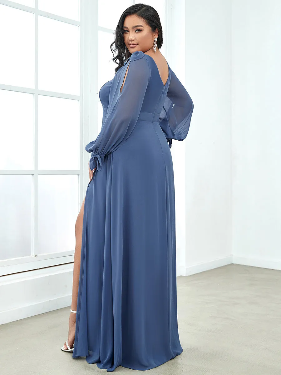 Plus Size Long Lantern Sleeves A Line V Neck Wholesale Bridesmaid Dresses