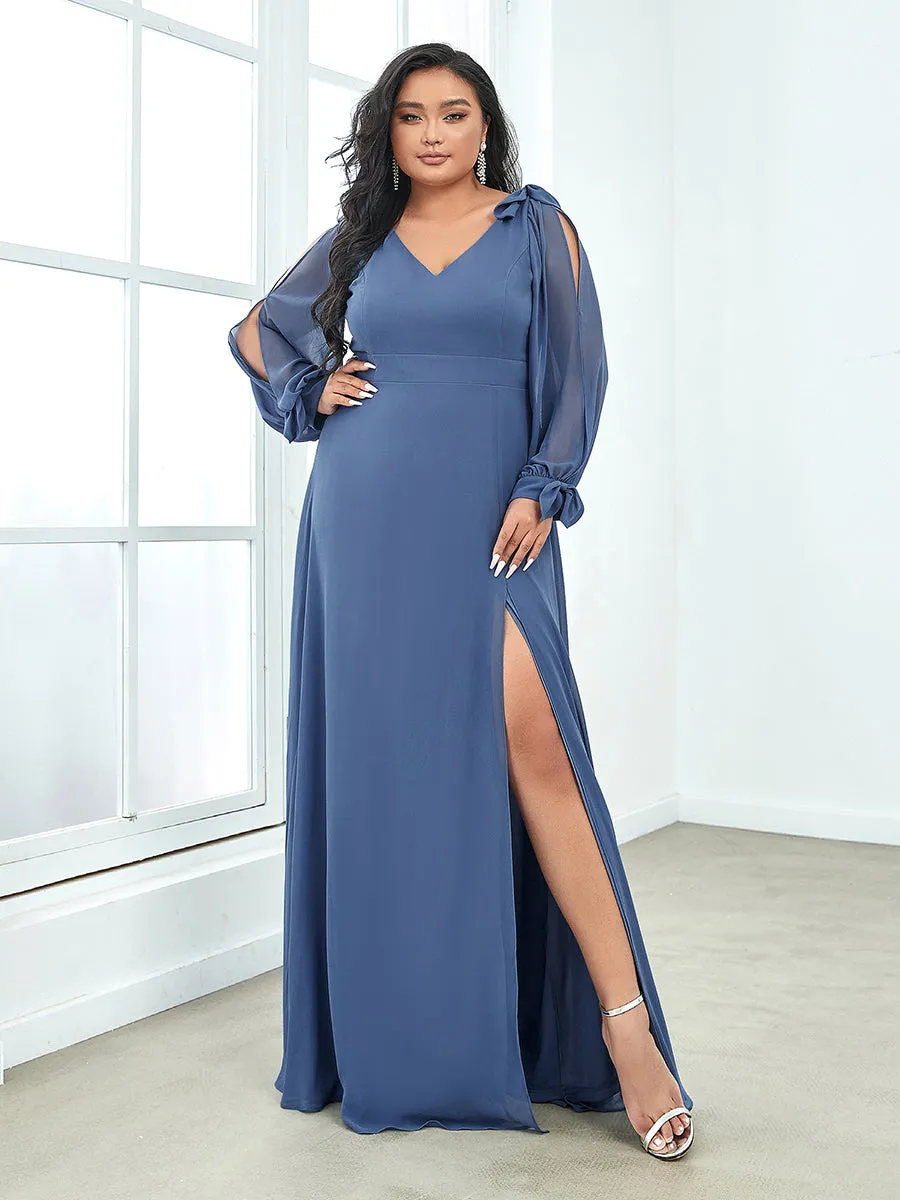 Plus Size Long Lantern Sleeves A Line V Neck Wholesale Bridesmaid Dresses