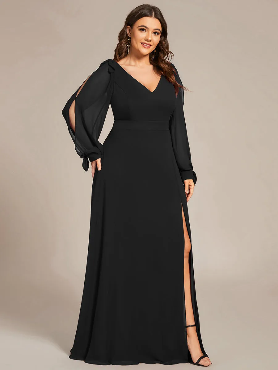 Plus Size Long Lantern Sleeves A Line V Neck Wholesale Bridesmaid Dresses