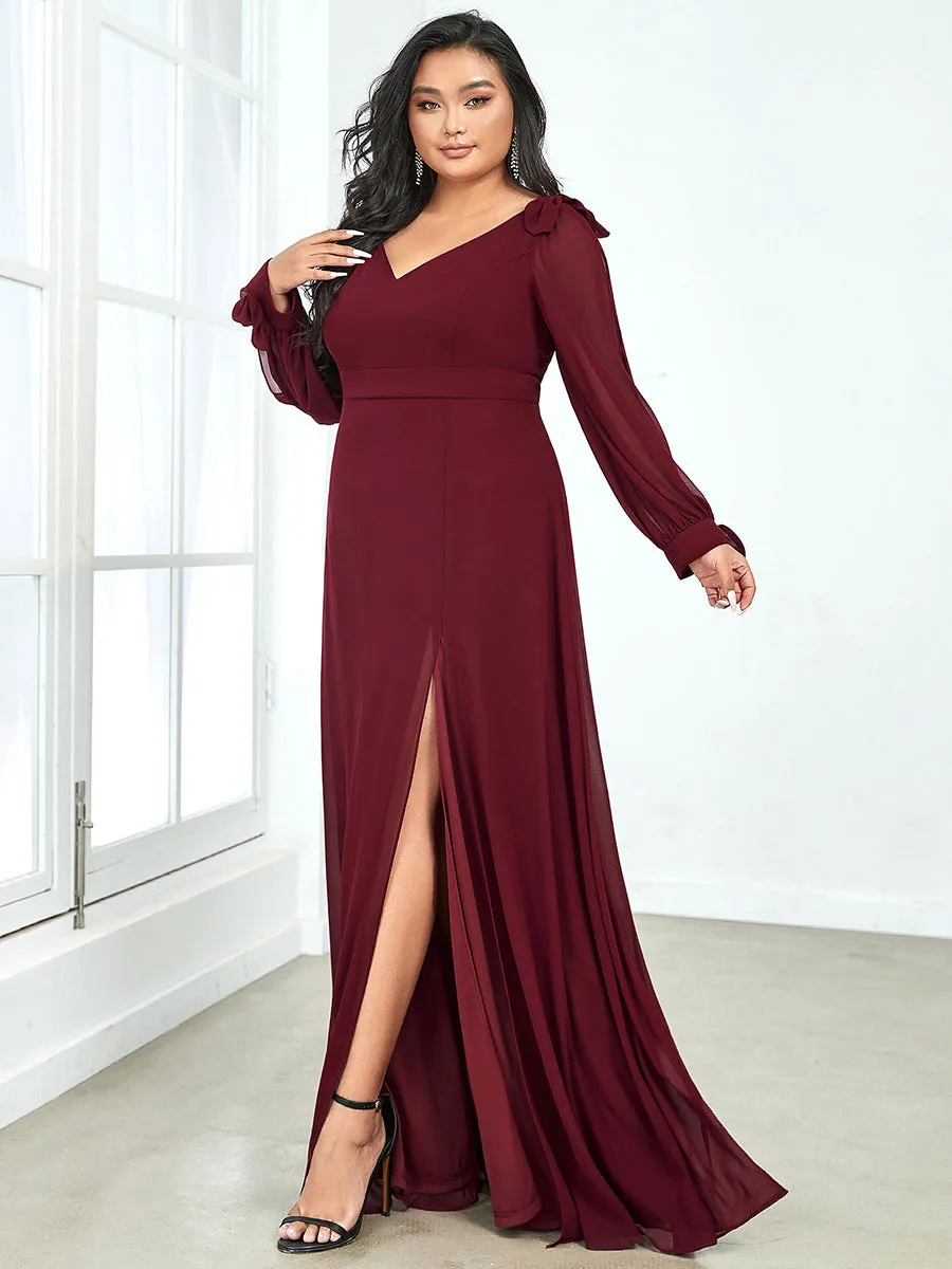 Plus Size Long Lantern Sleeves A Line V Neck Wholesale Bridesmaid Dresses