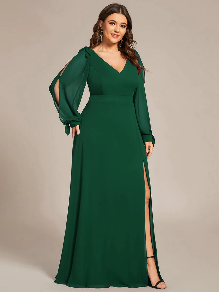 Plus Size Long Lantern Sleeves A Line V Neck Wholesale Bridesmaid Dresses