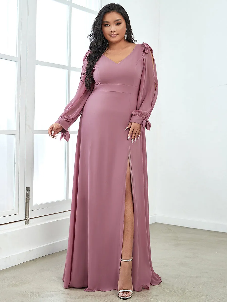 Plus Size Long Lantern Sleeves A Line V Neck Wholesale Bridesmaid Dresses