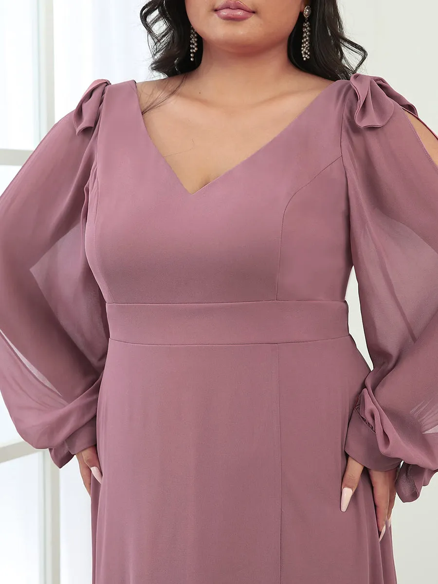 Plus Size Long Lantern Sleeves A Line V Neck Wholesale Bridesmaid Dresses