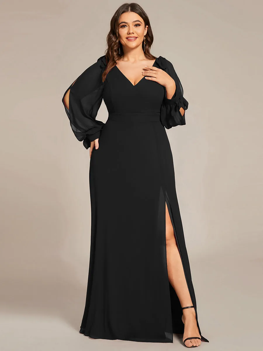 Plus Size Long Lantern Sleeves A Line V Neck Wholesale Bridesmaid Dresses