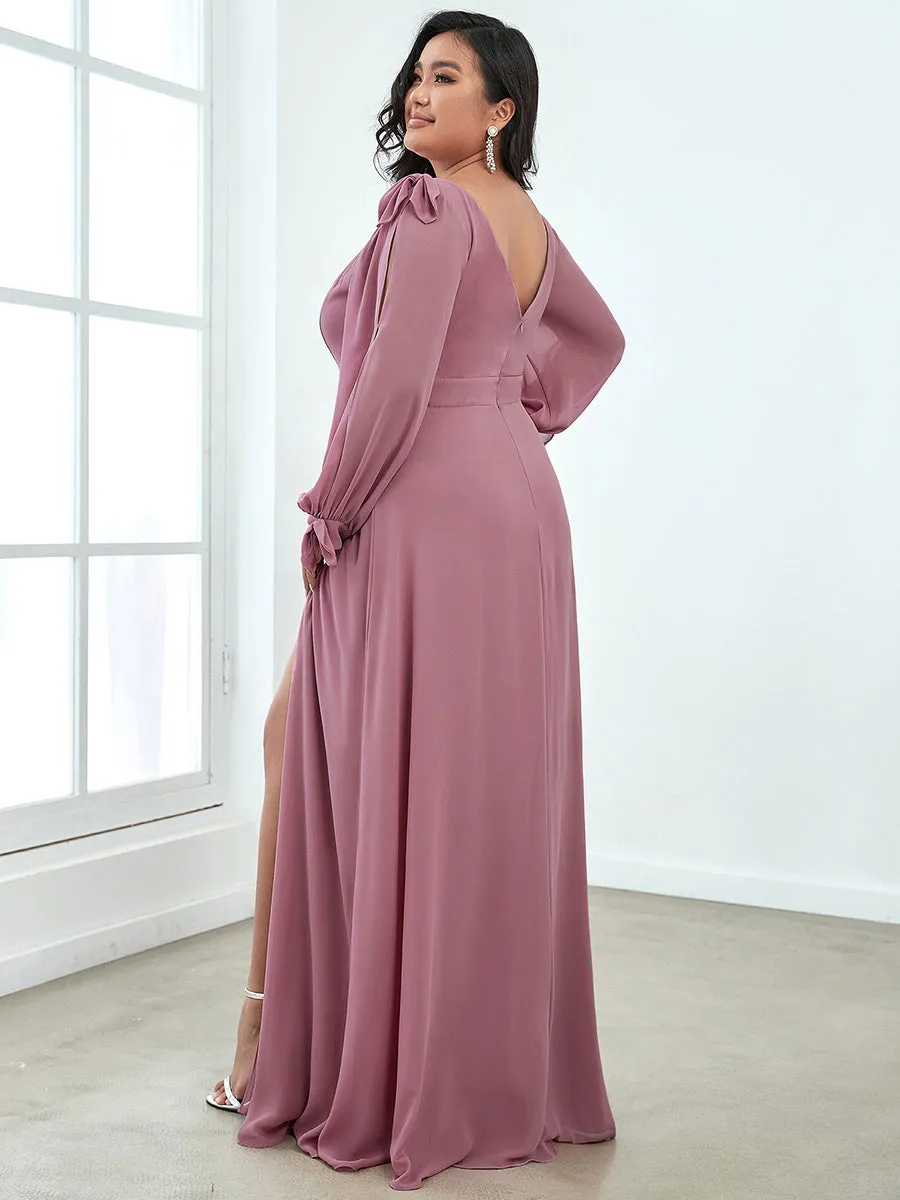 Plus Size Long Lantern Sleeves A Line V Neck Wholesale Bridesmaid Dresses