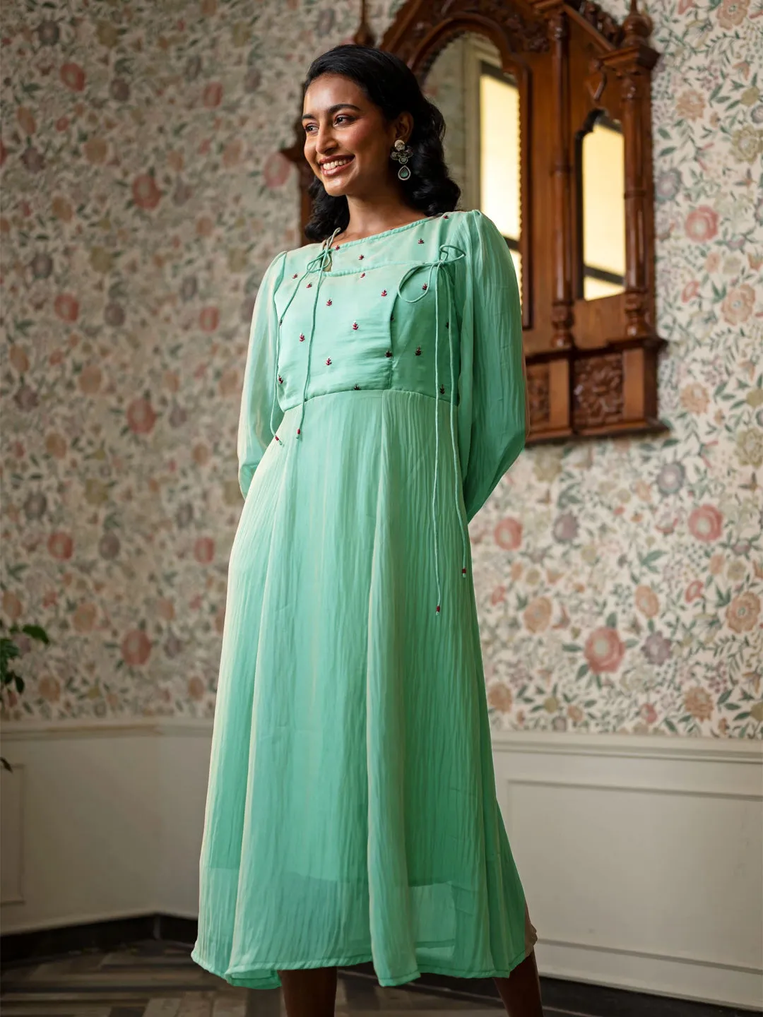 Raati Embroidered Sage Dress