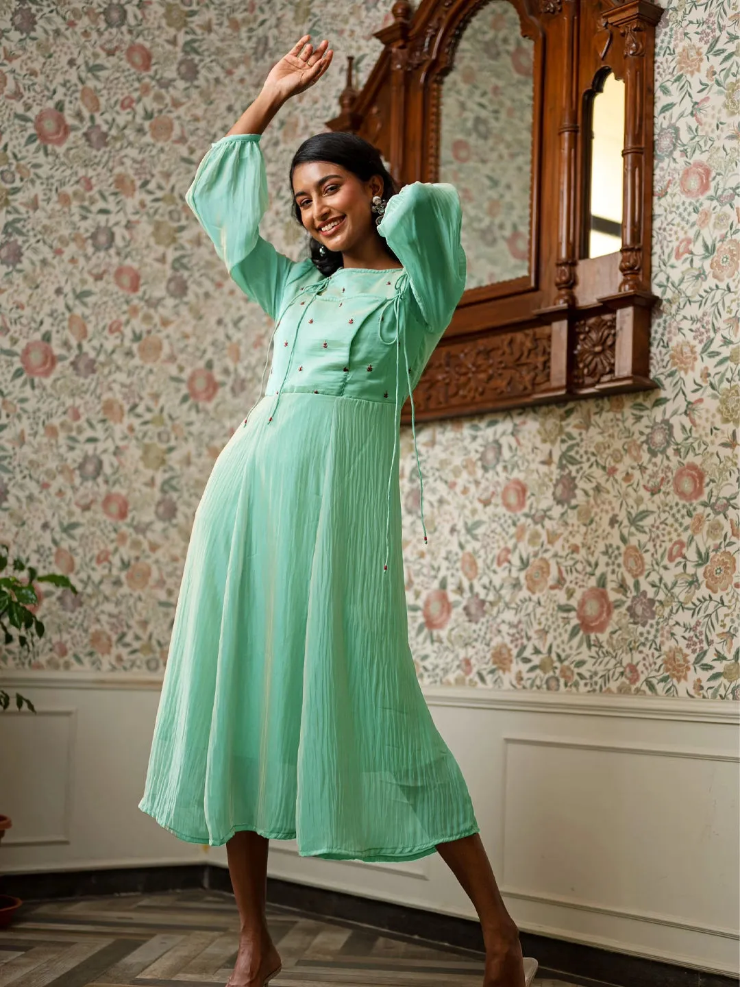 Raati Embroidered Sage Dress