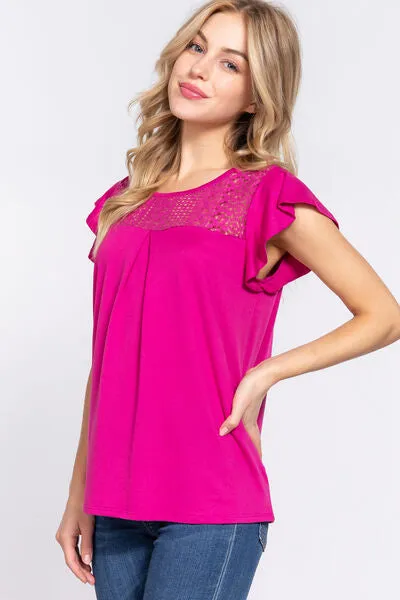Simple Life Ruffle Short Sleeve Lace Detail Knit Top